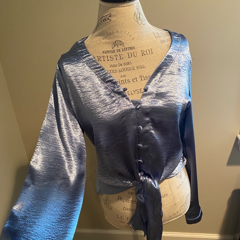 STUNNING shiny silky blue blouse